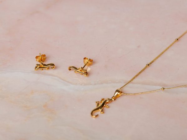 Geschenkset Necklace Gecko & Earstud Gecko 925 sterling zilver en 18K goud Laura Design