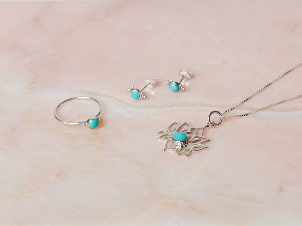 Geschenkset Necklace Lotus Turquoise & Earstud Lilly & Ring Thirza 925 sterling zilver Laura Design