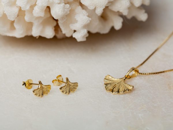 Ketting Necklace Ginkgo Leaf & Earstud Ginkgo Leaf 925 sterling zilver en 18K goud Laura Design